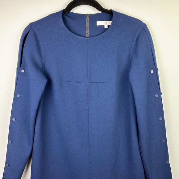 Tibi Structured Crepe Navy Blue Shift Dress Long Studded Sleeves Mini Cocktail 2 - Picture 4 of 14